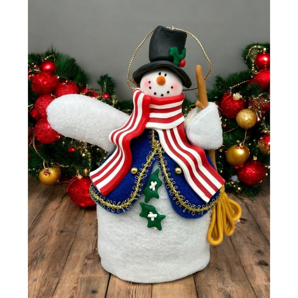 Handcrafted Festive Snowman Christmas Tree Ornament USA Patriotic Striped Scarf